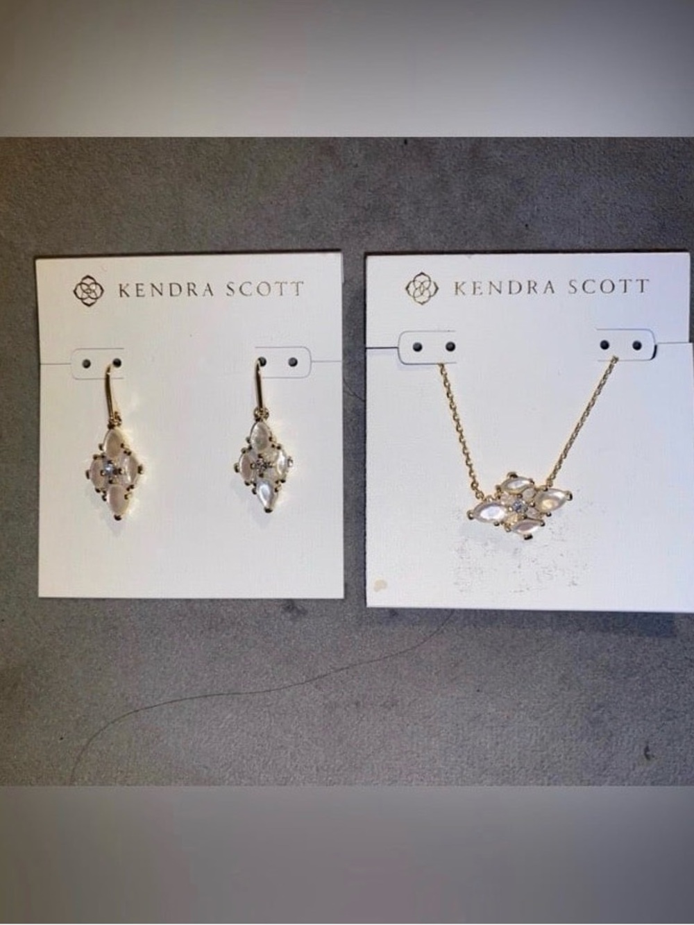 BNWT Kendra Scott Gold Abbie Crystal Necklace & Earrings in Neutral Mix Set $180